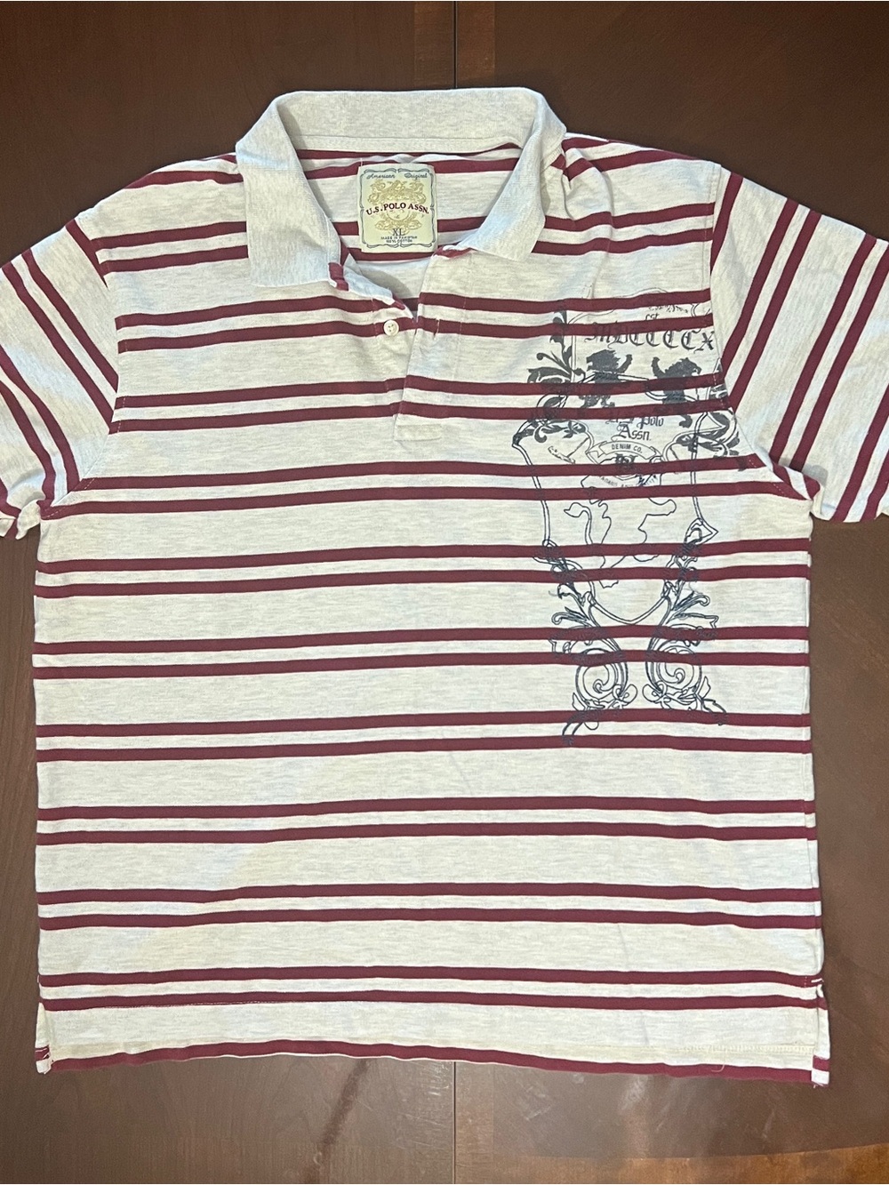 Vintage USPA Men's XL Graphic Crest Striped Polo Shirt Maroon White Y2K 2000s